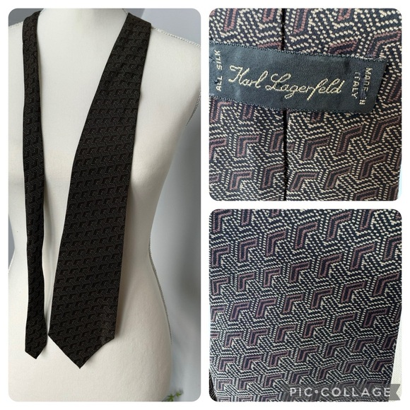 Vintage Silk Karl Lagerfeld Men’s Tie Black Brown Geometric Pattern - Picture 1 of 6